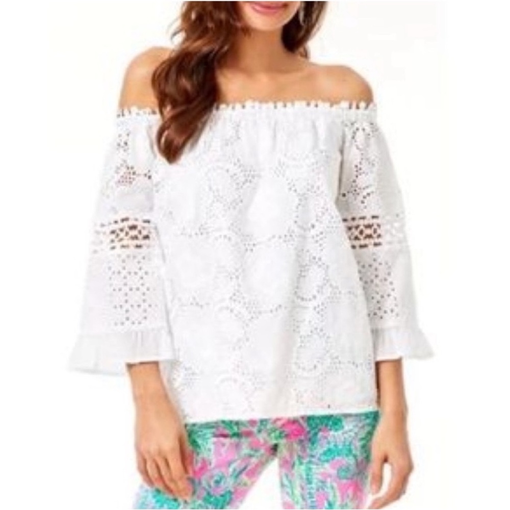 Lilly Pulitzer White Off the Shoulder 3/4 Sleeve Eyelet Laurenne Top Size Small